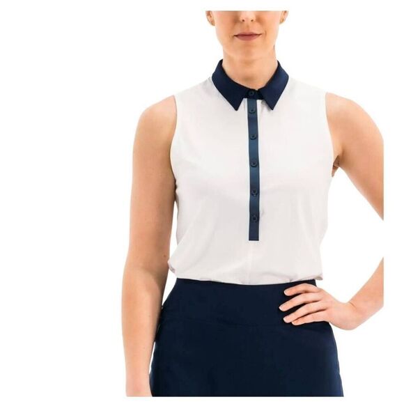 Foray Golf Women's White & Navy Nylon/Spandex Core Sleeveless Polo Shirt NEW - Picture 1 of 14